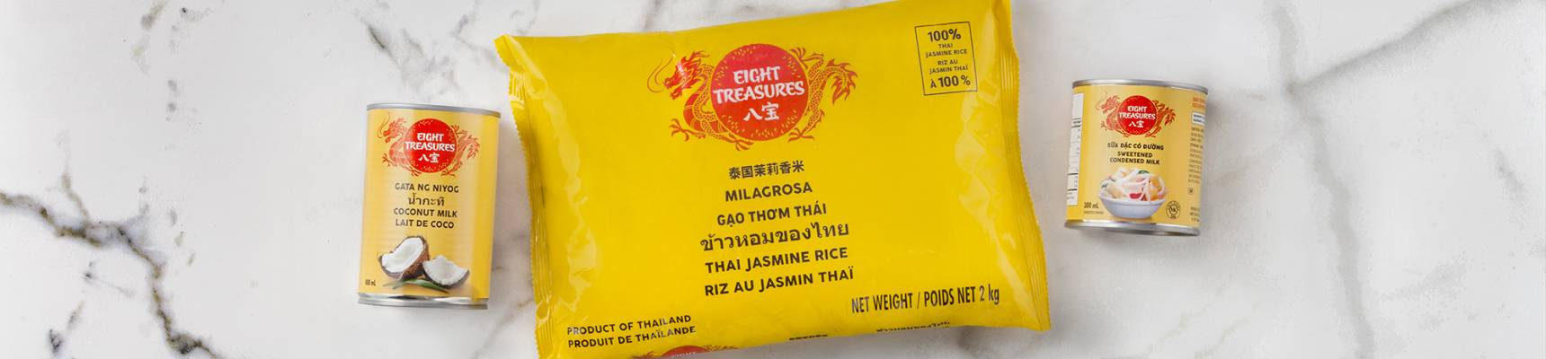 A picture displaying products of Eight Treasures brand.