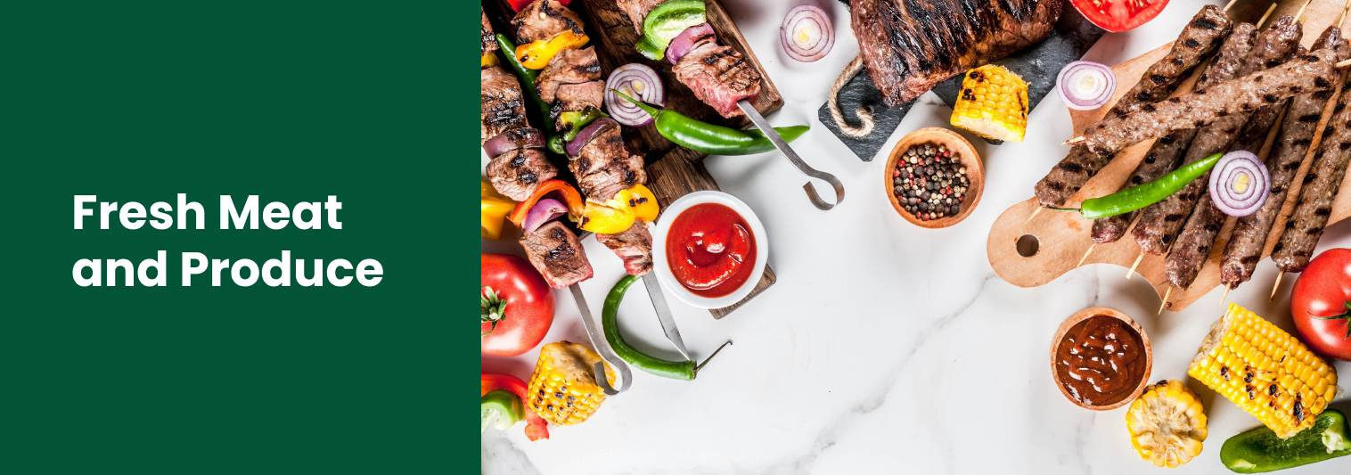 Text Reading 'Fresh meat and produce' along with a delicious-looking kebab platter on the right side.