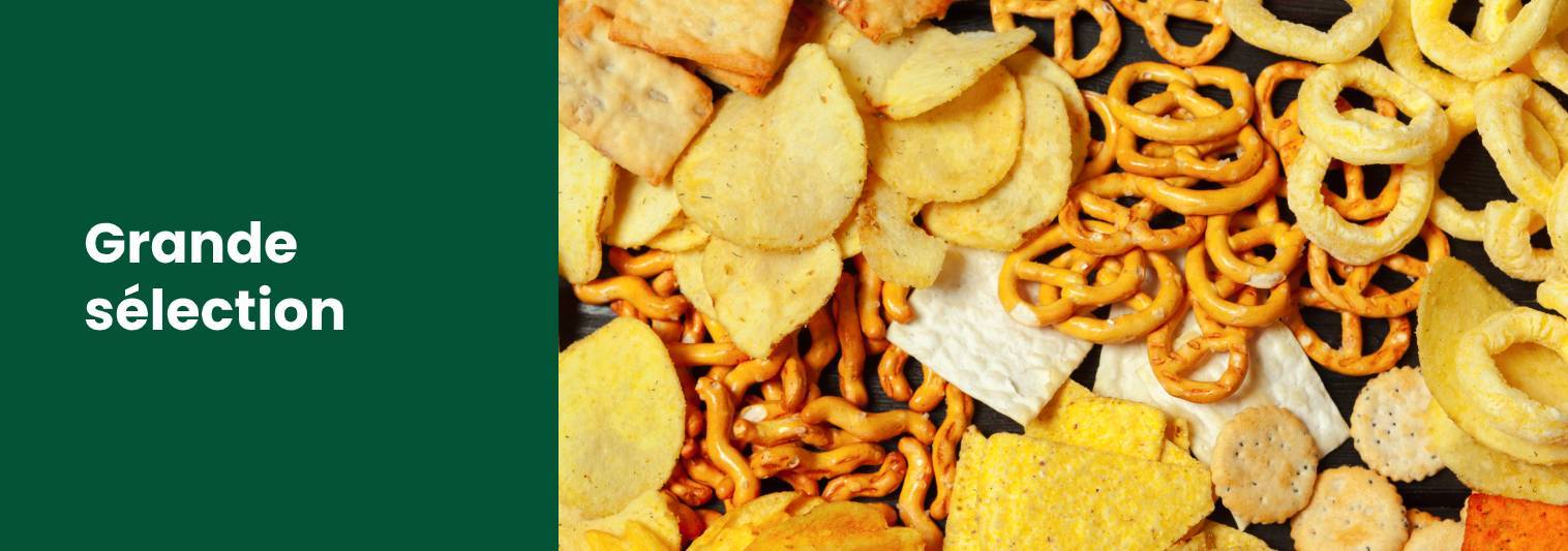 Lecture de texte 'Grande sélection' avec l'image de craquelins et de chips sur le côté droit.