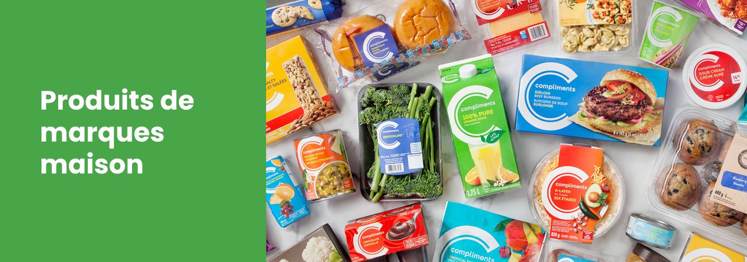 Texte indiquant 'Produit de marque privée' avec les produits emballés Compliments sur le côté droit.