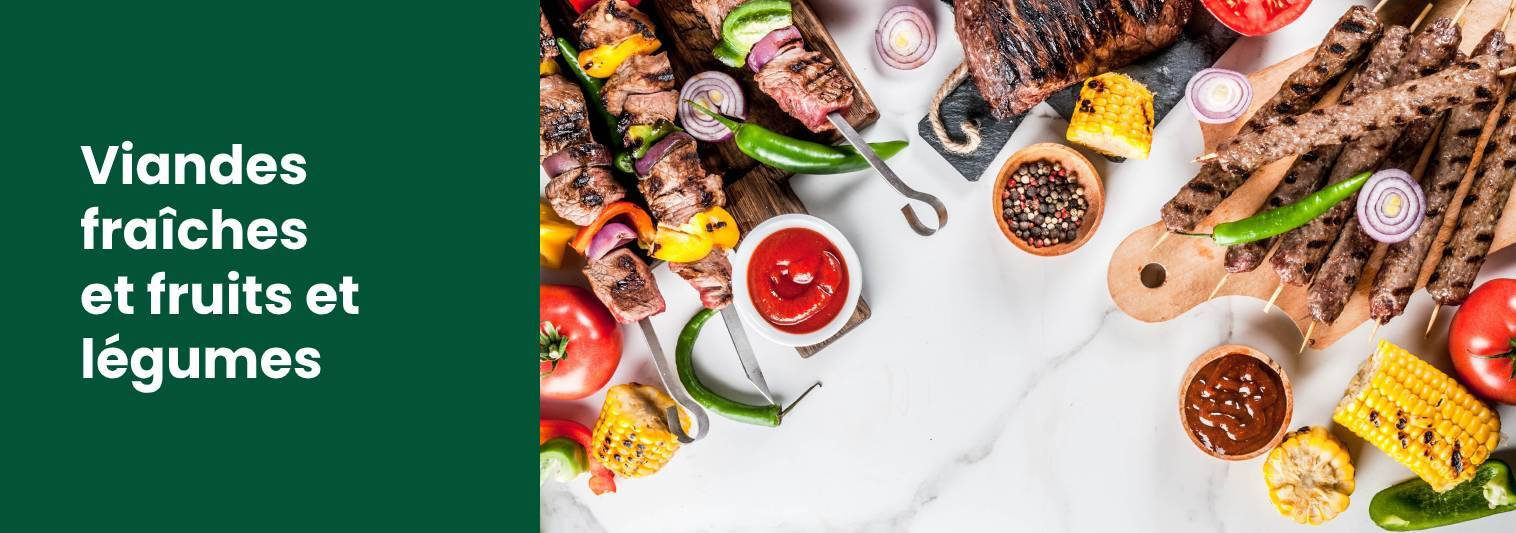 Texte indiquant « Viande fraîche et produits frais » accompagné d'un délicieux plateau de kebab sur le côté droit.